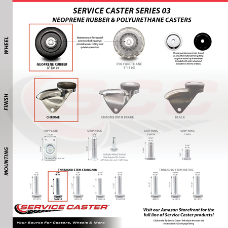 Service Caster 3 Inch Bright Chrome Hooded Neoprene Rubber 3/8 Inch Threaded Stem Caster SCC SCC-TS03S310-NPRB-BC-381610